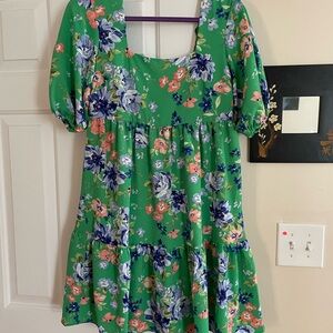Floral Green Dress with Puff Sleeves